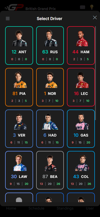 Driver selection interface displaying all available drivers for creating race predictions with bonus